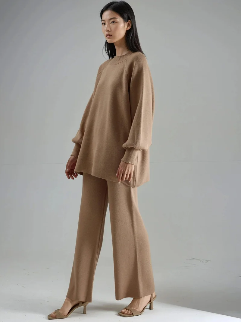 My Fashion Camel Brown MY FASHION Loose Fit Sweater & Pants Knit Co-ord Set for Women | Best Price UAE